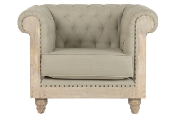 Fotoliu Chesterfield verde salvie din stofă și iută, cu structură din lemn masiv de mango, 101×90×79 cm, „Kensington" - Img 4