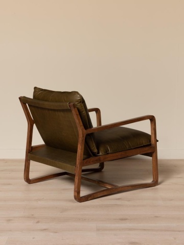 Fotoliu din piele naturală verde, cu structură din lemn de acacia, finisaj patinat, 76×77×77 cm, „Céron" - Img 3