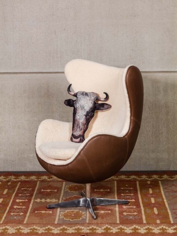 Fotoliu Egg rotativ din piele naturală full grain și lână, maro și crem, design iconic, 86,5×76,5×116 cm, „Tenzing" - Img 2