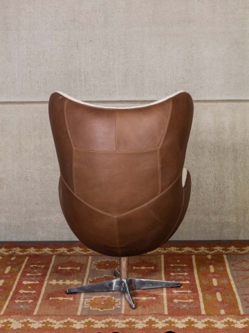 Fotoliu Egg rotativ din piele naturală full grain și lână, maro și crem, design iconic, 86,5×76,5×116 cm, „Tenzing" - Img 7