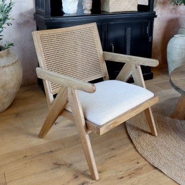Fotoliu lounge din lemn de stejar cu spătar din rattan și șezut tapițat „Veranda” - Img 2