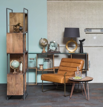 Fotoliu pentru living industrial, cognac, din piele naturală full grain, cu spătar și șezut cusute în canale, 66×83×71 cm, cadru din metal, „Makine” - Img 2