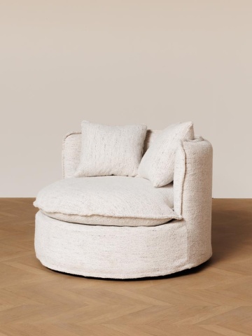 Fotoliu rotativ rotund, alb, din stofă bouclé, cu două perne decorative și pernă groasă de șezut, diametru 98 cm, înălțime 74 cm, „Meridian” - Img 3