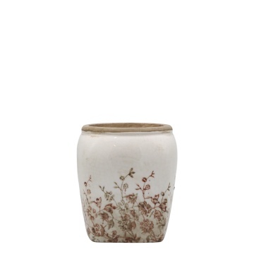 Ghiveci crem, din ceramica, cu motive florale, H13/D12cm, Chaville