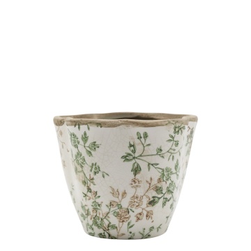 Ghiveci decorativ tronconic alb din ceramică antichizată, pictat manual, cu decor floral-vegetal, 14,5x18 cm, „Grasse"