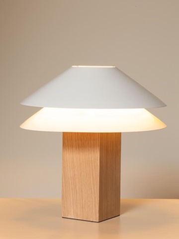 Lampă de masă din bumbac bej cu structură din furnir de stejar și metal cromat, abajur dublu, finisaj natural, 50×35 cm, „Doppia" - Img 2