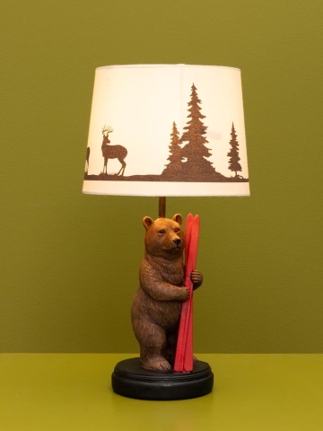 Lampă de masă din bumbac cu imprimeu, cu structură din rășină maro în formă de urs cu schiuri, finisaj patinat, 43×22 cm, „Chalet" - Img 2