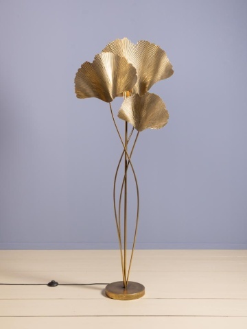 Lampă de podea din metal auriu, cu frunze de ginkgo sculptate, finisaj vintage, 164×66×25 cm, „Ginkgo" - Img 7
