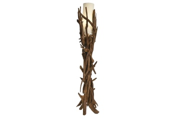 Lampă decorativă din lemn de tec, natur, corp din ramuri împletite și suport pentru lumânare, lucrată manual, 180 x 40 x 40 cm, „Violette”