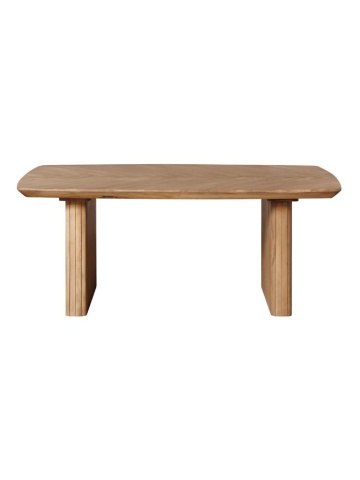 Masă dining cu blat herringbone, dreptunghiulară, din lemn de mango, natur, 8 locuri, cu picioare din lamele verticale, 77 x 190 x 95 cm, „Demira”