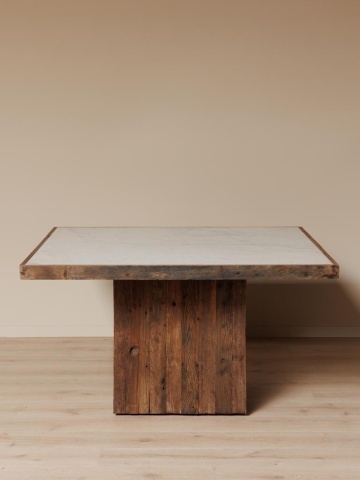 Masă dining pătrată din lemn reciclat, alb, 8 locuri, cu blat din marmură și bază centrală, 76 x 140 x 140 cm, „Alpina” - Img 3