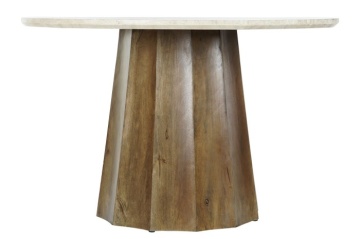 Masă dining rotundă din lemn de mango, natur, 4–5 locuri, cu blat din marmură și picior central, 78 x 120 cm, „Elaris” - Img 7