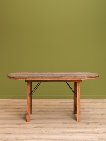Masă pliabilă ovală din lemn reciclat și metal, cu blat patinat și picioare pliabile, natur, finisaj vintage, 165×77.5×71 cm, „Marolles" - Img 2