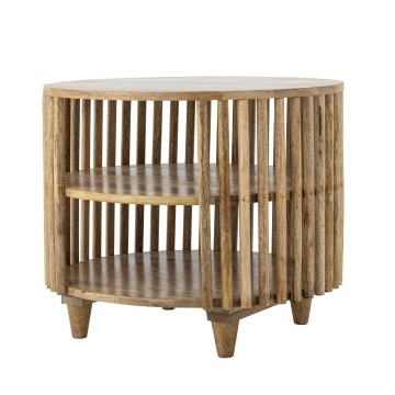 Măsuță de cafea din lemn de mango, rotundă, cu structură din lamele verticale și 2 rafturi inferioare, natur, finisaj lăcuit, 60×50 cm, „Sali"