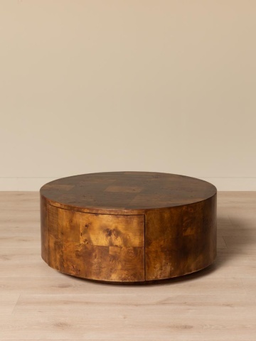 Măsuță de cafea din lemn masiv, rotundă, cu 1 sertar, maro antichizat, finisaj lucios, 90.5×34 cm, „Blurr" - Img 3