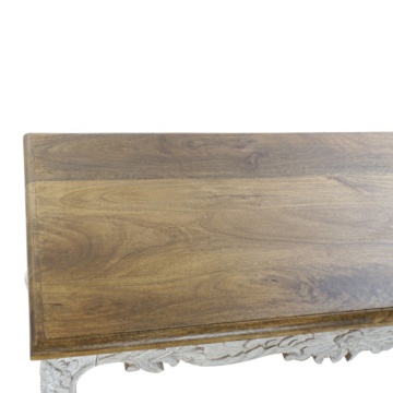 Măsuță de cafea dreptunghiulară din lemn de mango sculptat manual, natur și alb, finisaj antichizat, 49 x 120 x 61 cm, „Floralis” – Ethnic Collections - Img 3