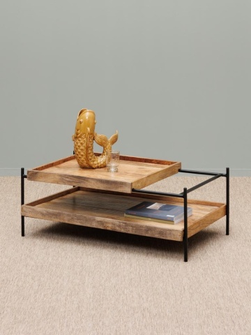 Măsuță de cafea dreptunghiulară din lemn de mango și metal, natur și negru, cu blat glisant și raft, 35 x 95 x 59 cm, „Modular” - Img 3