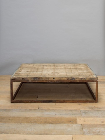 Măsuță de cafea dreptunghiulară din lemn reciclat, natur, cu cadru din metal patinat, 42 x 140 x 110 cm, „Briquetterie” - Img 2