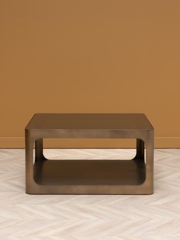 Măsuță de cafea metalică cu blat din sticlă, formă rotunjită, finisaj auriu antichizat, 90x90x45 cm, „Lexton" - Img 3