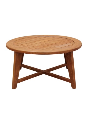 Măsuță de cafea rotundă din lemn de tec, natur, de exterior, cu blat din lamele și picioare unite în cruce, 40 x 80 cm, „Santai”