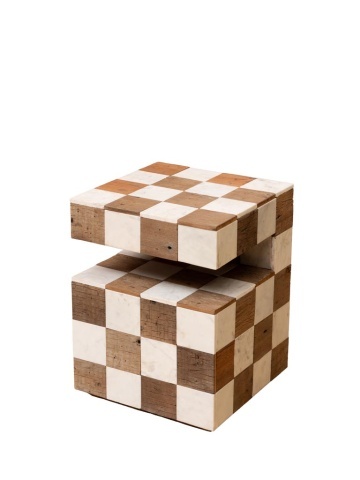 Măsuță laterală din marmură și lemn reciclat, cu model în carouri și formă cubică, alb și natur, finisaj mat, 40×40×50 cm, „Kadrie" - Img 1