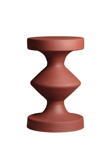 Măsuță laterală îngustă din metal, maro, cu blat rotund și bază sculpturală în formă de romb, 47 x 30 cm, „Forms”