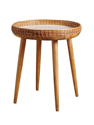 Măsuță laterală rotundă din lemn de mango și trestie, natur, cu blat tip tavă alb și bordură împletită, 60 x 52 cm, „Sabia”