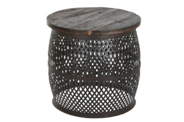 Măsuță laterală rotundă din lemn masiv de mango și metal, maro, cu bază din benzi de metal împletite, 55 x 58 cm, „Malla”