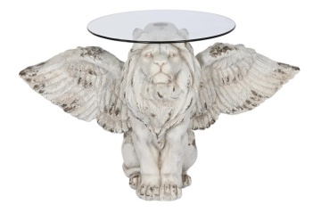 Măsuță laterală sculptată din oxid de magneziu, leu înaripat, blat din sticlă, finisaj gri antichizat, 96 x 62 x 61 cm, „Leon" - Img 2