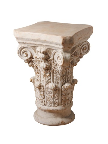 Măsuță laterală sculptată în formă de capitel corintic, alb, cu accente aurii, finisaj antichizat, 62 x 41 x 41 cm, „Roman Column”