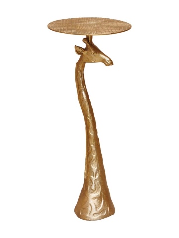 Măsuță laterală sculptată îngustă din aluminiu, auriu, cu bază în formă de girafă și blat cu model în relief, 56 x 30 cm, „Giraffe”