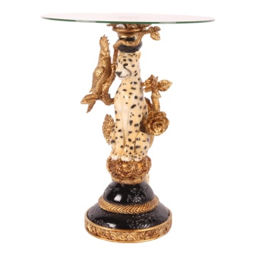 Măsuță laterală sculptată rotundă, auriu și negru, cu bază în formă de leopard și blat din sticlă, 51,5 x 40 cm, „Léopold”