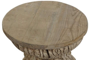Măsuță laterală sculptată rotundă din lemn de tec, natur, cu bază în formă de clepsidră și decor geometric, 43 x 40 cm, „Karno” - Img 2