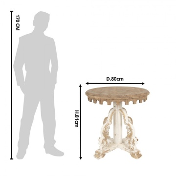 Măsuță laterală sculptată, rotundă, din lemn, natur și alb, cu bordură în arcade și console cu volute, finisaj antichizat, 81 x 80 cm, „Éléonore” - Img 3