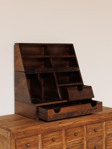 Organizator de birou din lemn de mango, maro, cu 2 sertare, 7 compartimente și capac rabatabil, 55 x 55 x 30 cm, „Oswald” - Img 7