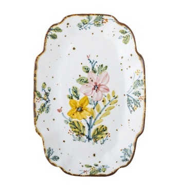 Platou de servire din ceramică artizanală albă cu motive florale roz pictate manual și margine aurie, 31×21×3 cm, "Savina" - Img 3
