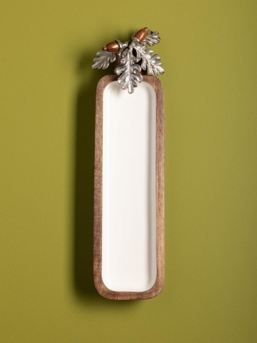 Platou decorativ dreptunghiular din lemn de mango maro, suprafață albă, frunze de stejar din aluminiu argintiu și ghinde din lemn, finisaj natural, 2 x 38 x 10 cm, „Silva” - Img 4