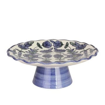 Platou pe picior din ceramică pictată manual, Ø 25 x H 9 cm, albastru, „Selina"