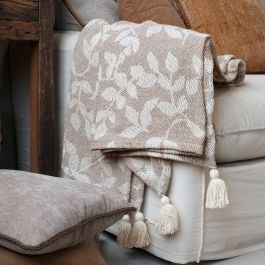 Pled țesut din bumbac și fibre reciclate, latte și crem, cu model de frunze și ciucuri, 150 x 130 cm, „Aix” - Img 2