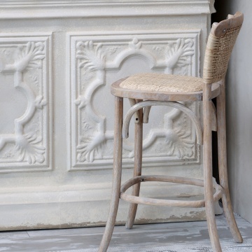 Scaun de bar cu spătar cannage din lemn de hevea și ratan, natur, cu arcuri și suport inelar pentru picioare, 103 x 51,5 x 43,5 cm, „Old French” - Img 2