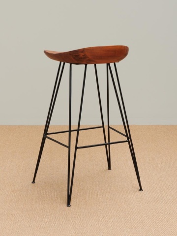 Scaun de bar din lemn de acacia și metal, maro, în stil industrial, cu șezut curbat și picioare tip ac de păr, 80 x 46 x 40 cm, „Mauru” - Img 5