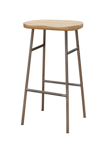 Scaun de bar din lemn de mango și metal, natur, în stil industrial, cu șezut curbat și suport pentru picioare, 76 x 42 x 37 cm, „Hinto”