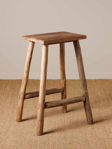 Scaun de bar din lemn reciclat, maro, cu picioare din crengi decojite și traverse rotunde, 74 x 53 x 40 cm, „Noé” - Img 3