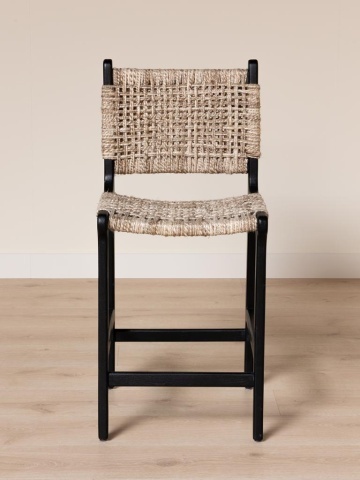 Scaun de bar împletit cu spătar din lemn de acacia și lână, negru, cu traverse pe două niveluri, 100,5 x 45 x 51,5 cm, „Ovira” - Img 5