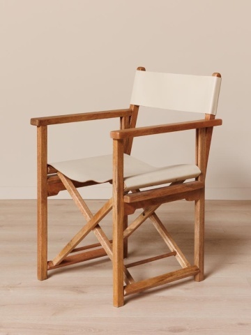 Scaun dining cu brațe din piele naturală și lemn de mango, crem, cu cadru în X și ținte aurii, pliabil, 82 x 57 x 50 cm, „Woody” - Img 2
