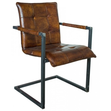 Scaun dining cu brațe din piele naturală și metal, maro, cu șezut și spătar cusute în carouri și cadru în consolă, 86 x 55 x 58 cm, „Boston” - Img 2