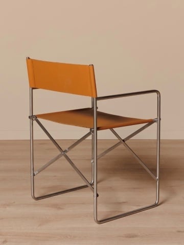Scaun dining cu brațe din piele naturală și metal, portocaliu, cu cadru tubular argintiu și picioare în X, pliabil, 77 x 52 x 50 cm, „Cuero” - Img 5