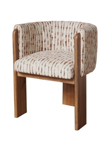 Scaun dining cu brațe tapițat tip fotoliu din lemn de salcâm și textil, bej, cu spătar rotunjit și trei picioare late, 77 x 63 x 60 cm, „Amphitryon”