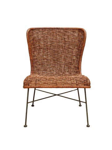 Scaun dining împletit din ratan, maro, cu spătar înaripat și picioare verzi din metal, 80 x 60 x 62 cm, „Melati”