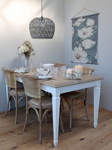 Scaun dining împletit vintage din lemn de hevea și ratan, bej, cu spătar curbat și arcuri din lemn sub șezut, finisaj patinat, 88 x 40 x 45 cm - Img 7